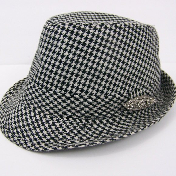 unbranded Accessories - Houndstooth Black White Hat Fedora Rhinestone Pin